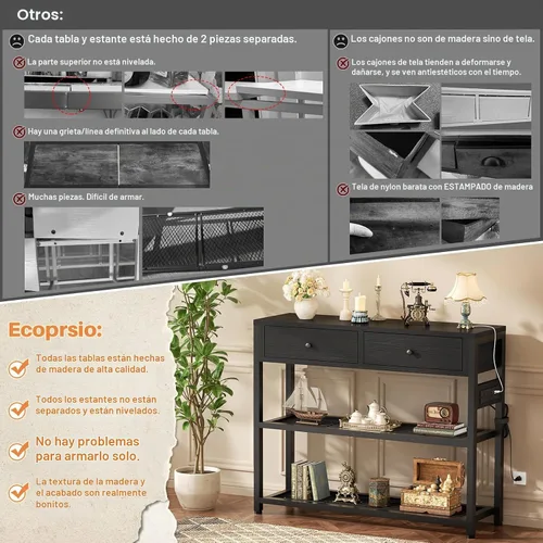 Vista 4 de Ecoprsio Mesa de Entrada con Tomacorrientes y Puertos USB, Mesa Consola con 2 Cajones, Mesa de Sofá Pequeña con Estantes de Almacenamiento para Sala