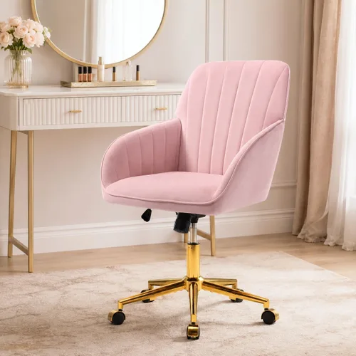 Vista 13 de Silla de tocador de maquillaje de terciopelo beige con ruedas