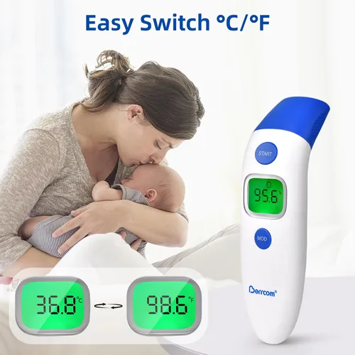 Vista 7 de Berrcom Termómetro digital sin contacto de 3 en 1 para frente y oído, con luz de fondo, sensor de temperatura corporal y de objetos para interiores