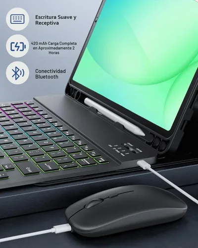 Vista 7 de Funda de teclado para tableta Samsung Galaxy Tab A11 Plus de 11 pulgadas 2025 / A9+ Plus 2023, teclado y mouse inalámbricos con retroiluminación
