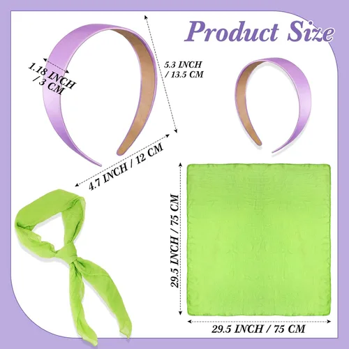 Vista 4 de Bufanda para la cabeza de gasa verde de Halloween y diadema ancha morada para mujer, bufanda de cuello de cinta, pañuelo de satén lavanda