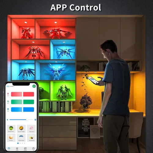 Vista 2 de BASON LIGHTING RGB Puck Lights Pulg in para vitrina, Bluetooth Luces de estante alimentadas por adaptador, iluminación con cable debajo