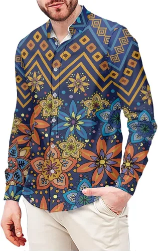Vista 22 de Camisa azteca con botones para hombre, patrón nativo americano, camisas de manga larga con cuello en V y nación tribal