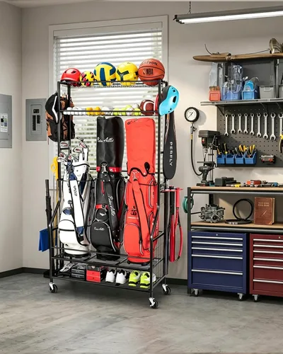 Vista 6 de FHXZH Golf Bags Storage Garage Organizer - Stand for Single Golf Bags, Clubs, and Equipment Accessories with Wheels