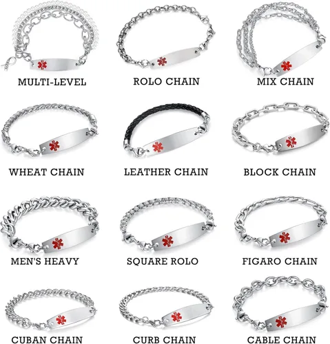 Vista 2 de Pulseras médicas ajustables de 7.5"-9" para mujereshombres pulseras médicas intercambiables de acero inoxidable
