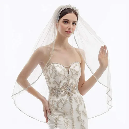 Vista 2 de Wedding Bride Veil 1 Tier Fingertip Length Pearls Crystal Beaded Edge Tulle for Bridal Veils with Comb