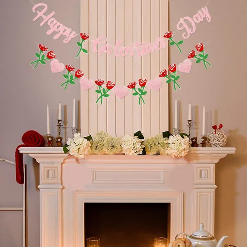 Vista 3 de Cartel de Feliz Día de Galentine – Decoración del Día de Galentine con purpurina rosa, pancarta de guirnalda de corazón rosa para damas, niñas