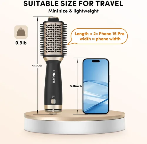 Vista 7 de Longyu Cepillo secador de pelo de doble voltaje de viaje, mini cepillo de aire caliente con enchufe europeo de 110 V-240 V, secador de pelo de un