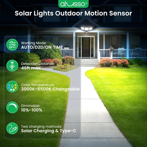 Vista 2 de ALUSSO Luces solares con sensor de movimiento para exteriores de 400 lúmenes, luces de seguridad LED con control remoto, 3 modos