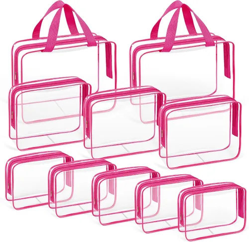 Vista 10 de TISRATOK Neceser de maquillaje transparente de viaje de 10 piezas, plástico PVC cosmético aprobado por la TSA Kit organizador con bolso con Negro