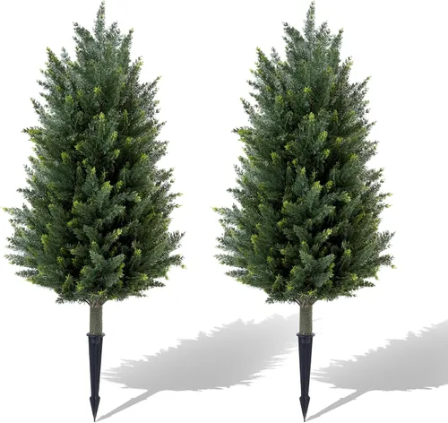 Vista 11 de Juego de 2 arbustos artificiales de boj de Navidad, plantas artificiales de exterior resistentes a los rayos UV de 20 pulgadas con picos de tierra 2