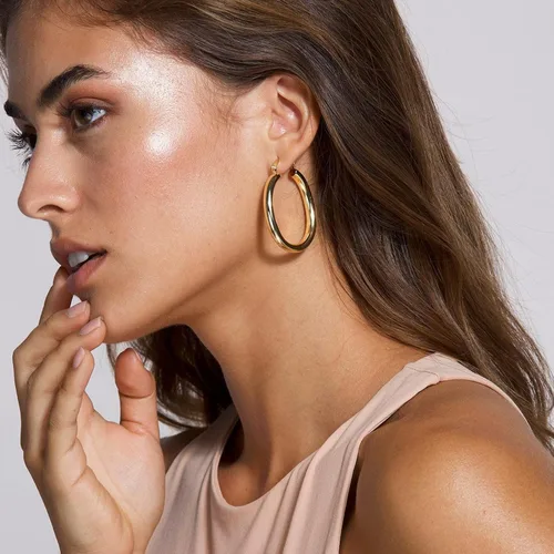 Vista 2 de BMMYE Aretes de aro de plata de ley para mujer, aretes de aro ovalados, ligeros, dorados, gruesos, hipoalergénicos, doradosplateados, para mujer