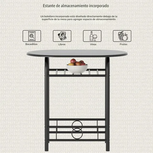 Vista 3 de JUMMICO Juego de mesa redonda y silla de madera de 3 piezas, ahorro de espacio, rincón de desayuno, mesa de grano de madera con marco de metal