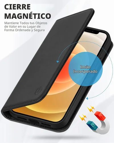 Vista 4 de SHIELDON Funda para iPhone 12/12 Pro 5G, Funda Tipo Billetera de Piel Auténtica con Bloqueo RFID Magnético, Soporte para Tarjetas de Crédito Negro