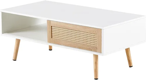 Vista 8 de AMNOOL Mesa auxiliar rectangular de ratán de 41.34 pulgadas, mesa central de madera para sofá, puerta corrediza, patas de madera maciza, se puede