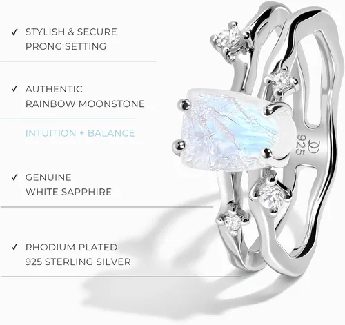 Vista 3 de Moon Magic - Authentic Moonstone Ring - FlowReal 925 Sterling Silver - 18k Rose Gold Raw Rainbow Moonstone Rings for WomenGenuine Moonstone Jewelry