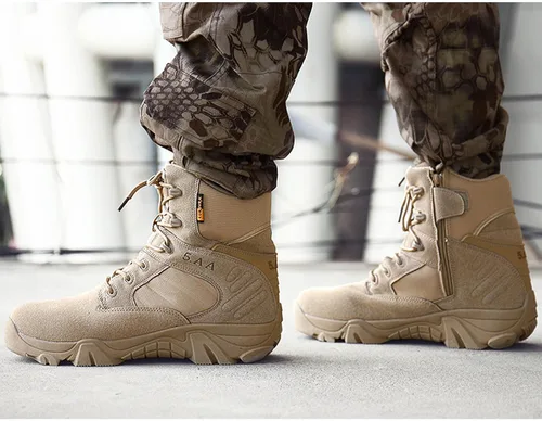 Vista 7 de Botas de trabajo tácticas militares de 8 pulgadas para hombre, botas de combate con cremallera lateral, botas de combate de cuero de gamuza