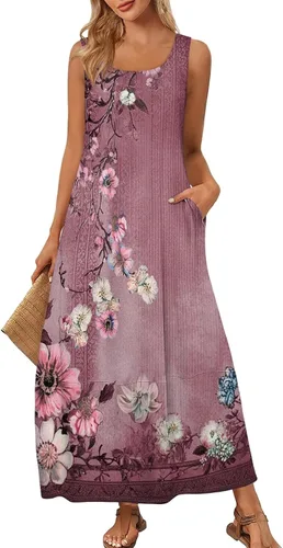 Vista 38 de Vestidos de iglesia para mujer 2025, casual, holgado, sin mangas, largo, fluido, vestido de verano con bolsillos