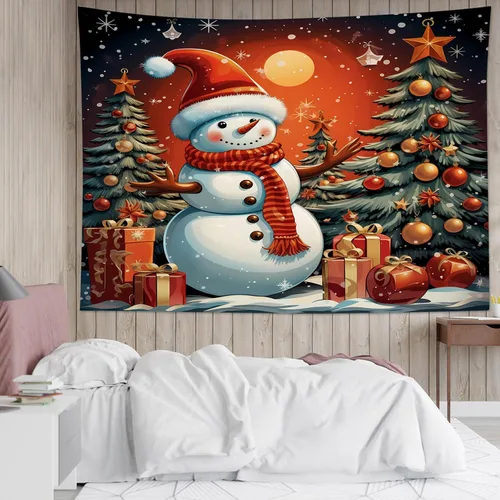 Vista 7 de HVEST Tapiz navideño de muñeco de nieve para colgar en la pared, divertido muñeco de nieve con sombrero rojo de Navidad y tapiz de regalo, tapiz
