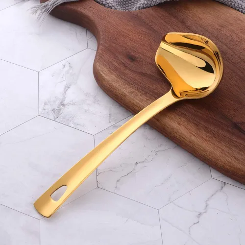 Vista 2 de Cucharón para salsa, cuchara dorada con boquilla para sopa de salsa, utensilio de cocina de acero inoxidable, pulido de espejo y apto