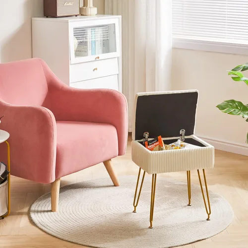 Vista 4 de YMYNY Taburete de tocador con almacenamiento, taburete otomano cuadrado, taburete de maquillaje multifuncional moderno para dormitorio, sala de Beige