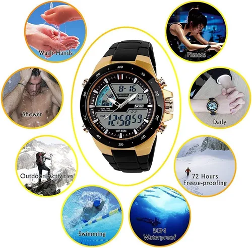 Vista 6 de FANMIS Reloj deportivo analógico digital 50M impermeable para hombre, reloj deportivo militar multifunción cronómetro alarma retroiluminación reloj