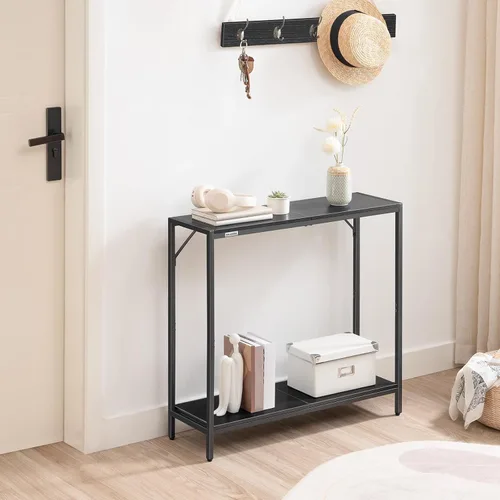 Vista 6 de MAHANCRIS Mesa consola, mesa de entrada de 2 niveles, detrás de la mesa del sofá, estilo industrial, resistente y estable, para sala de estar
