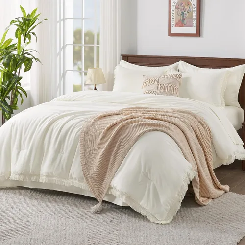 Vista 42 de Andency Juego de ropa de cama con edredón tamaño matrimonial beige con sábanas - 7 piezas, estilo bohemio con borlas, ropa de cama ligera en una 01