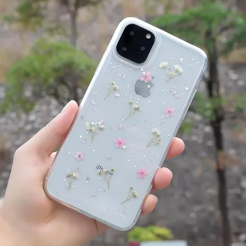 Vista 5 de Compatible con iPhone 15 Pro Max Flower Case, funda de goma suave y flexible prensada seca con flores reales para niñas, funda transparente