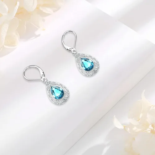 Vista 117 de Aretes colgantes de plata de ley con diseño de árbol de la vida, flor, abeja, animales, gato, colibrí, piedra lunar, turquesa, aretes con cierre