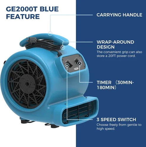 Vista 2 de ALORAIR Ventilador de Secado de Piso de 1/3 Hp 2000 CFM, Ventilador Soplador Movedor de Aire con Temporizador con Cable de 20 pies, 3 Velocidades, 5