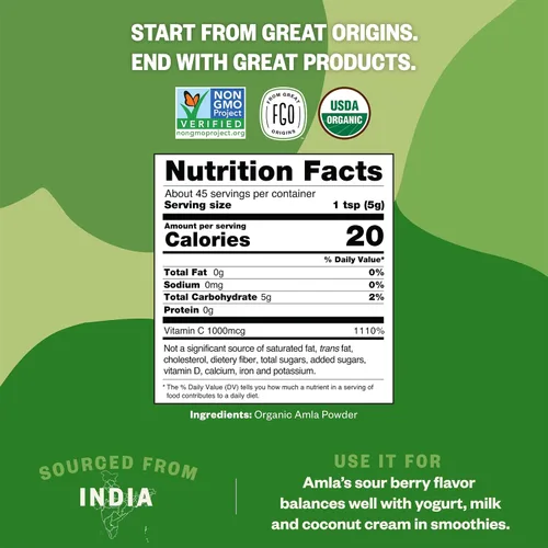 Vista 3 de FGO Polvo orgánico de amla, 8 onzas, grosella espinosa india orgánica USDA (Amalaki), sin OGM, vitamina C natural - 100 % cruda y natural