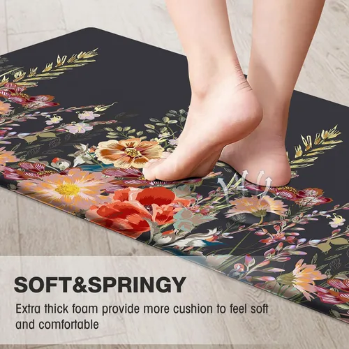 Vista 4 de MAYHMYO Alfombra de Cocina Anti Fatiga Tapete de Cocina Acolchado Negro Plantas Florales Lindas Alfombras de Cocina Vintage Antideslizantes
