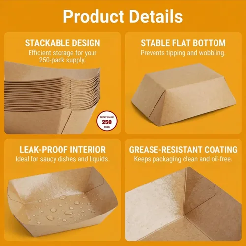 Vista 4 de DEAYOU Paquete de 250 botes de papel para alimentos, bandejas de comida Kraft de 2 libras, desechables, resistente a la grasa para papas fritas