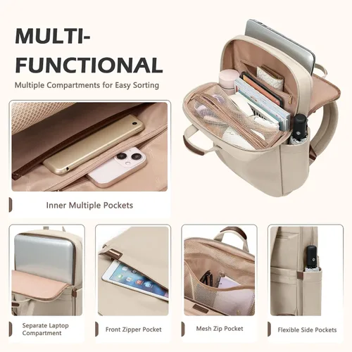 Vista 5 de Mochila delgada para laptop para mujer, mochila ligera para viajes de negocios para mujeres y hombres, Albaricoque, 14 pulg., Moderno