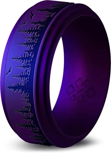 Vista 29 de Knot Theory Anillo de silicona para hombre, grabado de montaña, ondas, bosque, ancho de banda de 0.315 pulgadas, transpirable, ajuste cómodo