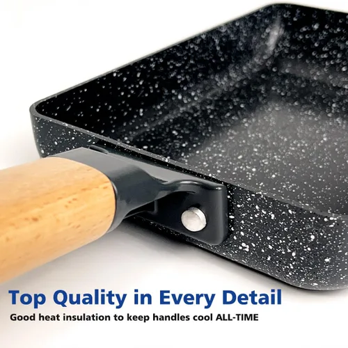 Vista 3 de Sartén cuadrada con revestimiento cerámico japonés Tamagoyaki para tortilla, pequeña sartén rectangular antiadherente con asa de madera (Gris oscuro)