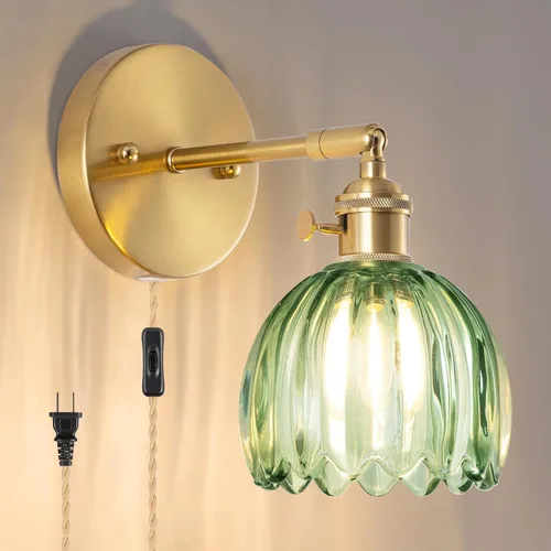 Vista 15 de Juego de dos apliques de pared vintage, funciona con pilas, con pantalla de cristal de tulipán verde oscuro, lámpara de pared recargable con control