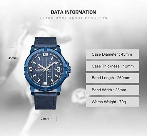 Vista 7 de NAVIFORCE Date Quartz Men Casual Militar Sports Japón Movimiento de cuarzo Relojes de pulsera de cuero genuino (azul)