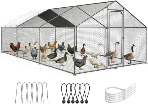 Vista 8 de ORANLAND Gallinero de metal grande, 9.9 x 9.9 x 6.6 pies con tapa, corral de pollo con techo de espira con cerradura de seguridad, jaula de conejo
