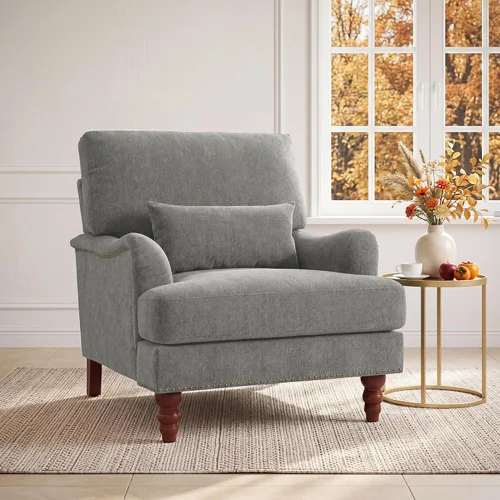 Vista 26 de Mid-Century - Silla decorativa moderna con almohada lumbar, color gris Chenille Gris Claro