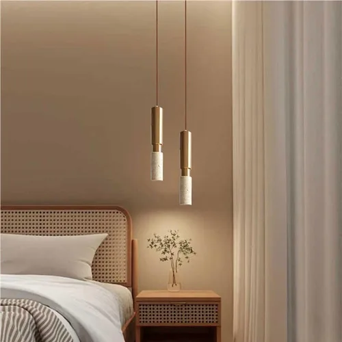 Vista 4 de Industrial Gold Iron Hanging Lamp Simple Long Tube Pendant Lights Japanese Wabi-Sabi 3000K Warm Light Yellow Travertine Chandelier for Living Room
