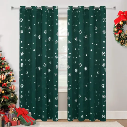 Vista 20 de FRAMICS Cortinas de Navidad con estampado de copos de nieve dorados en papel de aluminio, cortinas opacas con aislamiento térmico para sala de estar