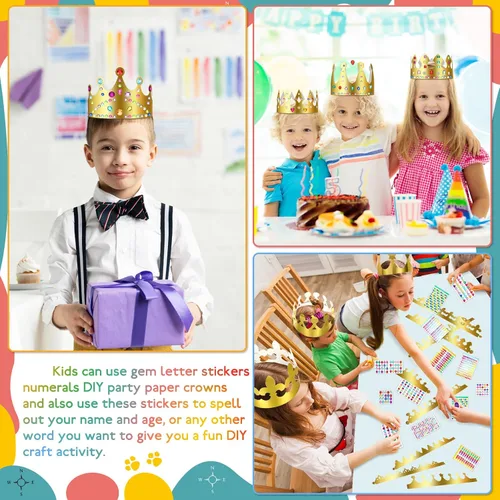 Vista 4 de Juego de 50 coronas de papel dorado a granel para niños, kit de manualidades de corona de princesa DIY Paper Crowns to Decorate, with 28 Sheet Gem