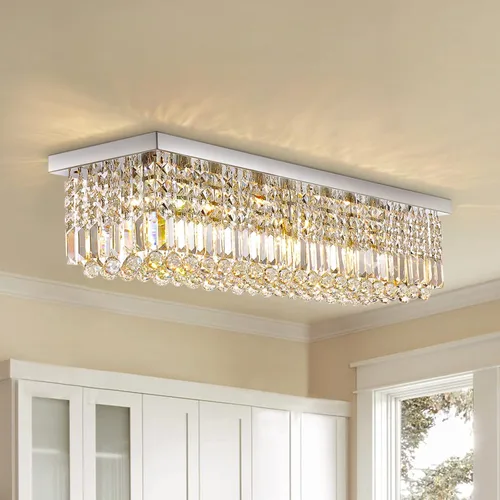 Vista 3 de Araña rectangular, con gotas de cristal, de Siljoy, iluminación moderna, montaje empotrado en el cielorraso, aplique de luz, Blanco, Siljoy-411