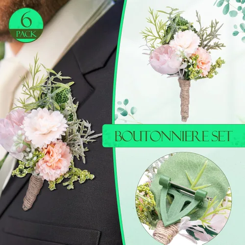 Vista 3 de Juego de 12 ramilletes de boda y boutonniere, pulsera de ramillete de boda con alfileres para baile de graduación, hombres, novia, fiesta
