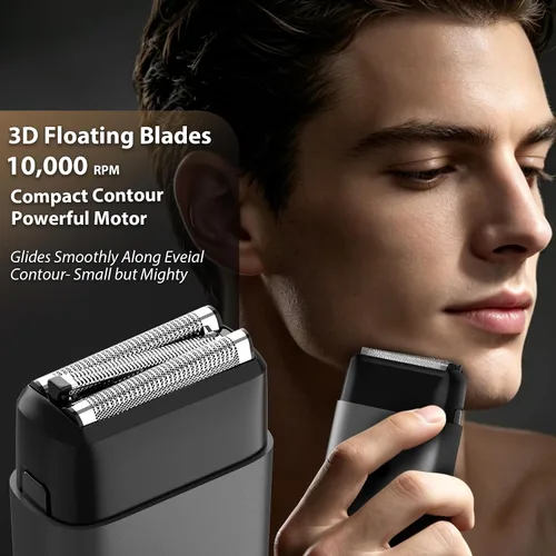 Vista 2 de Afeitadora eléctrica de aluminio para hombres: maquinilla de afeitar compacta de viaje para la cara - IPX7 impermeable y carga rápida USB-C