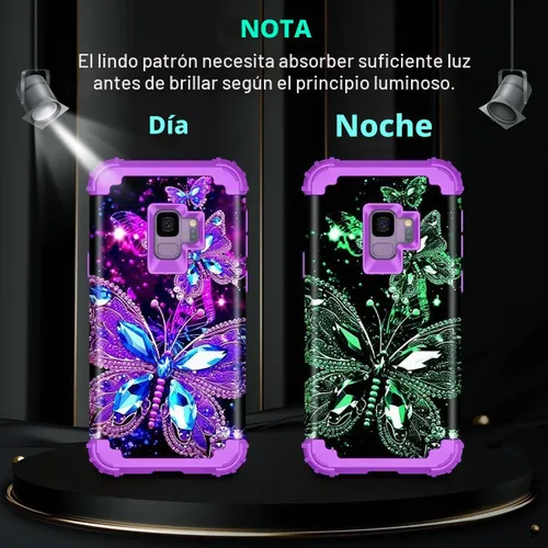Vista 2 de Casetego Funda para Galaxy S9, que brilla en la oscuridad, tres capas, resistente, a prueba de golpes, policarbonato duro+silicona suave Púrpura