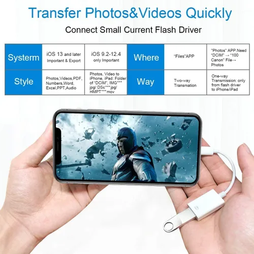 Vista 5 de Adaptador de Lightning a USB para Cámara Apple MFi Certificado, Cable OTG Hembra Lightning USB 3.0 Compatible con iPhone/iPad, Soporta Conexión