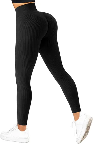 Vista 2 de SUUKSESS - Leggings acanalados de tiro alto sin costuras para mujer, pantalones deportivos de yoga para gimnasio y entrenamiento
